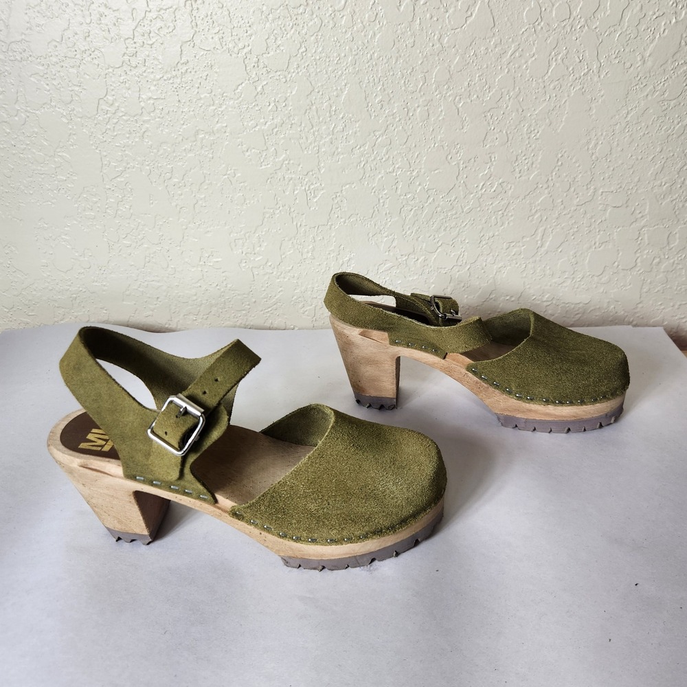 MIA Swedish Clogs Olive Green Suede Wooden Platform Sandals Size 37